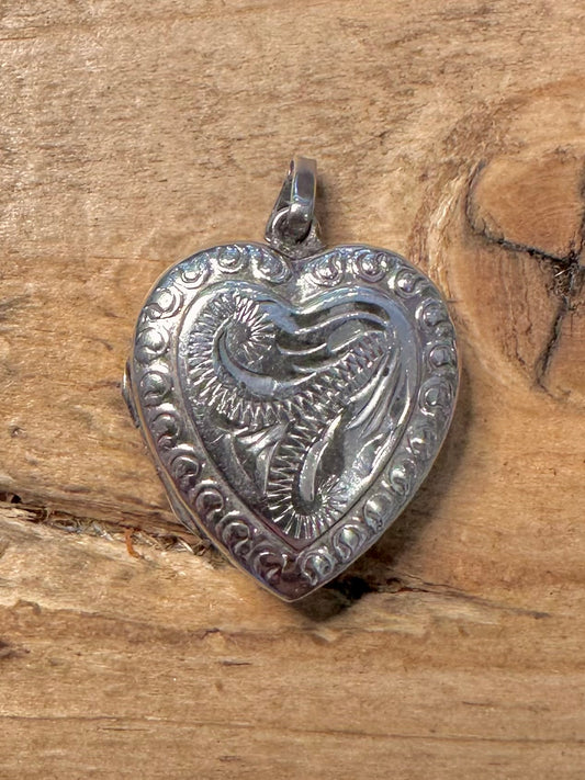Vintage Engraved Heart Shaped 925 Silver Locket Pendant