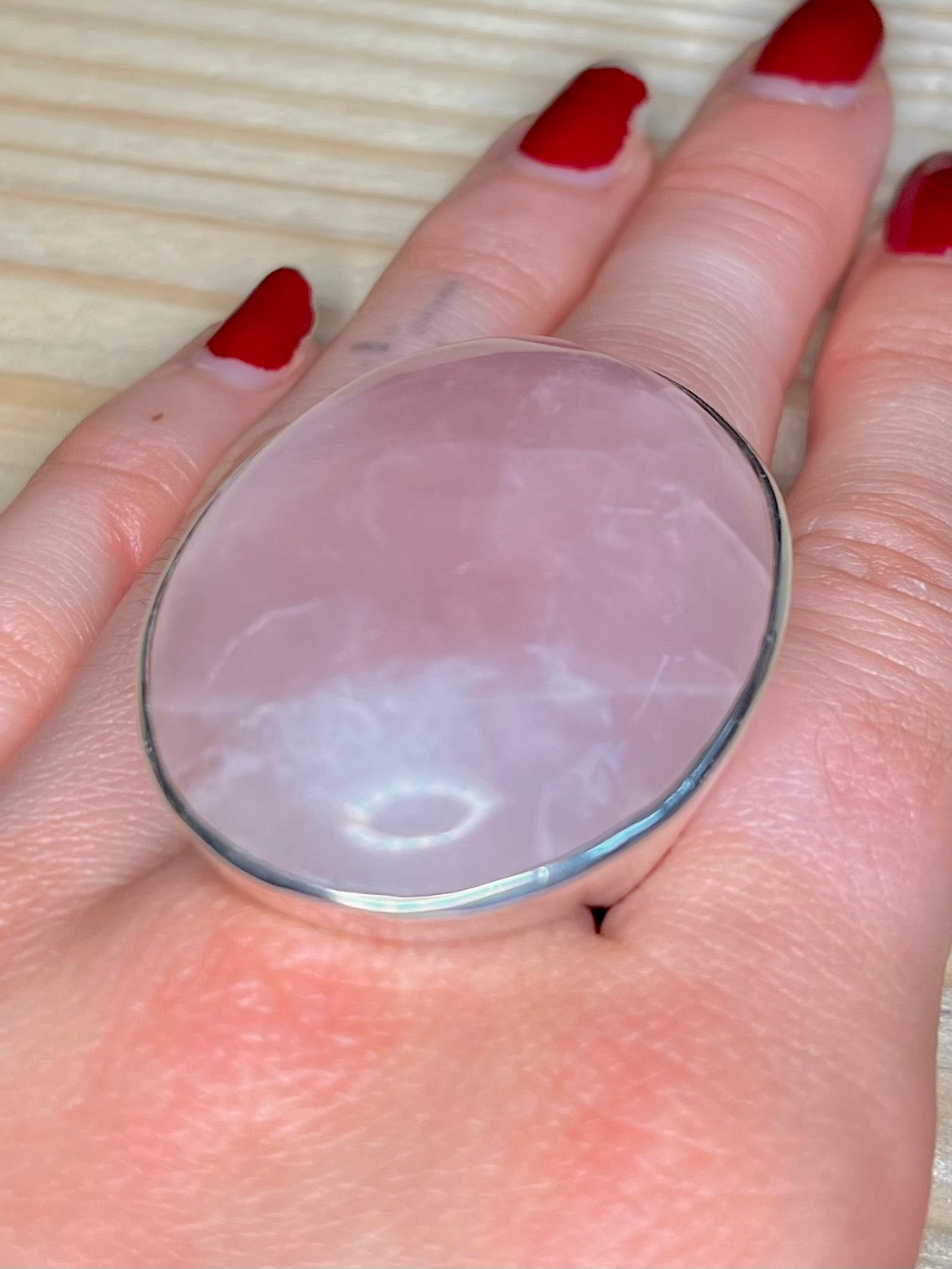 Large Rose Quartz 925 Sterling Silver Size N Ring