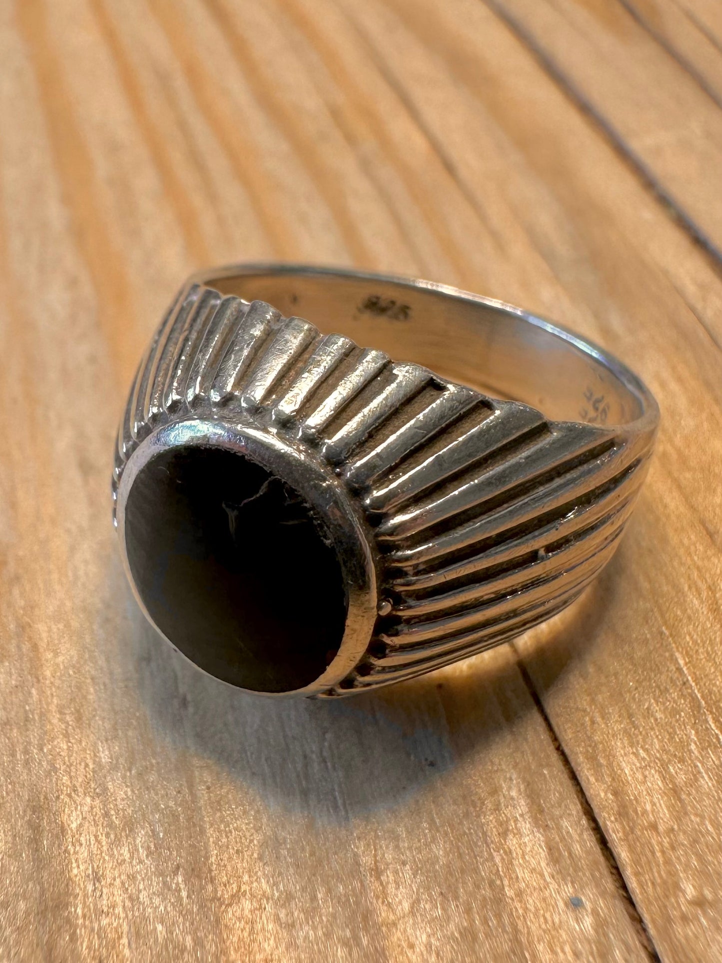 Vintage Onyx Textured Signet 925 Silver Size O Ring