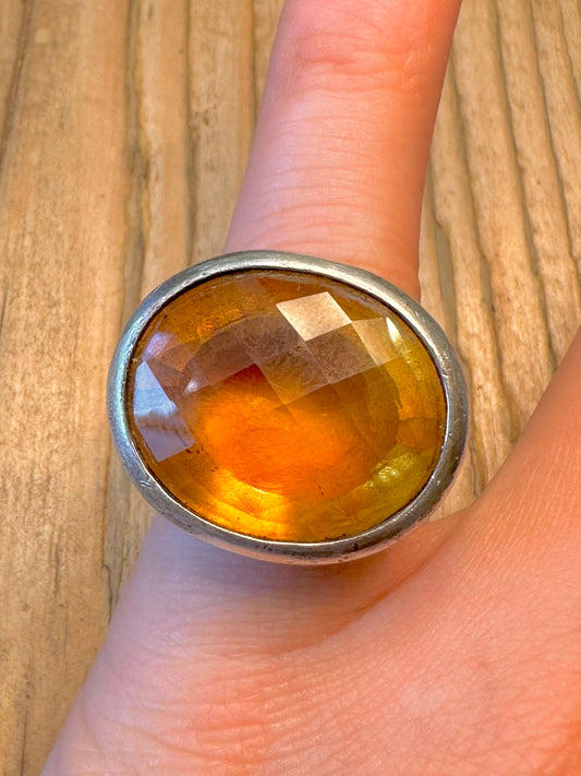 Large Faceted Citrine Heavy Solid 925 Sterling Silver Size L Ring