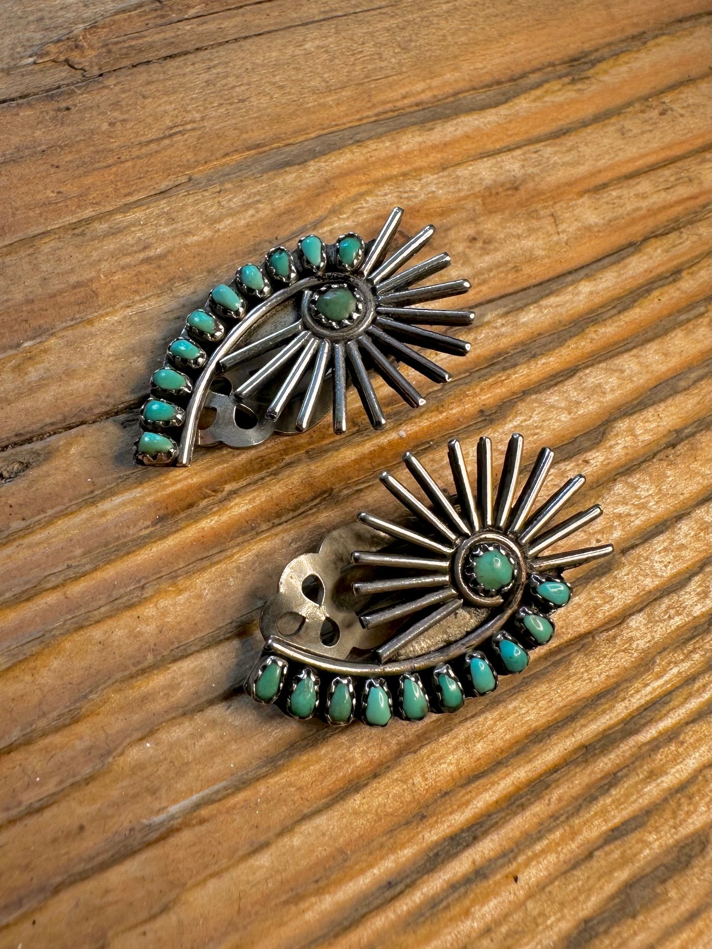 Native American Zuni 1960’s Turquoise Sunburst Clip On PAT 196452 Silver Earrings