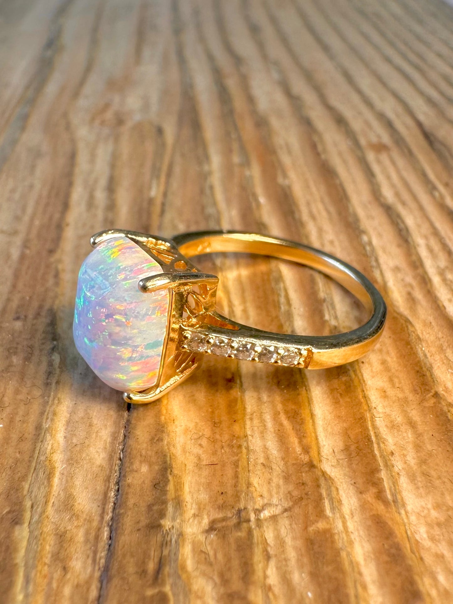 Opal and CZ Gold on 925 Sterling Silver Size L Ring