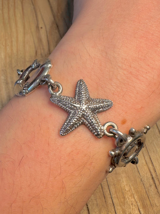 Vintage Nautical Chain Starfish Seahorse Anchor 925 Silver Egyptian 8 inch Bracelet