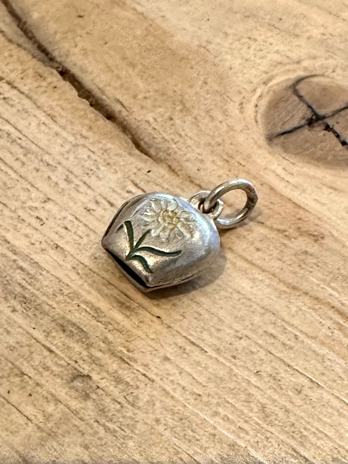 Vintage Enamelled Flower Edelweiss Bell Silver Charm Pendant