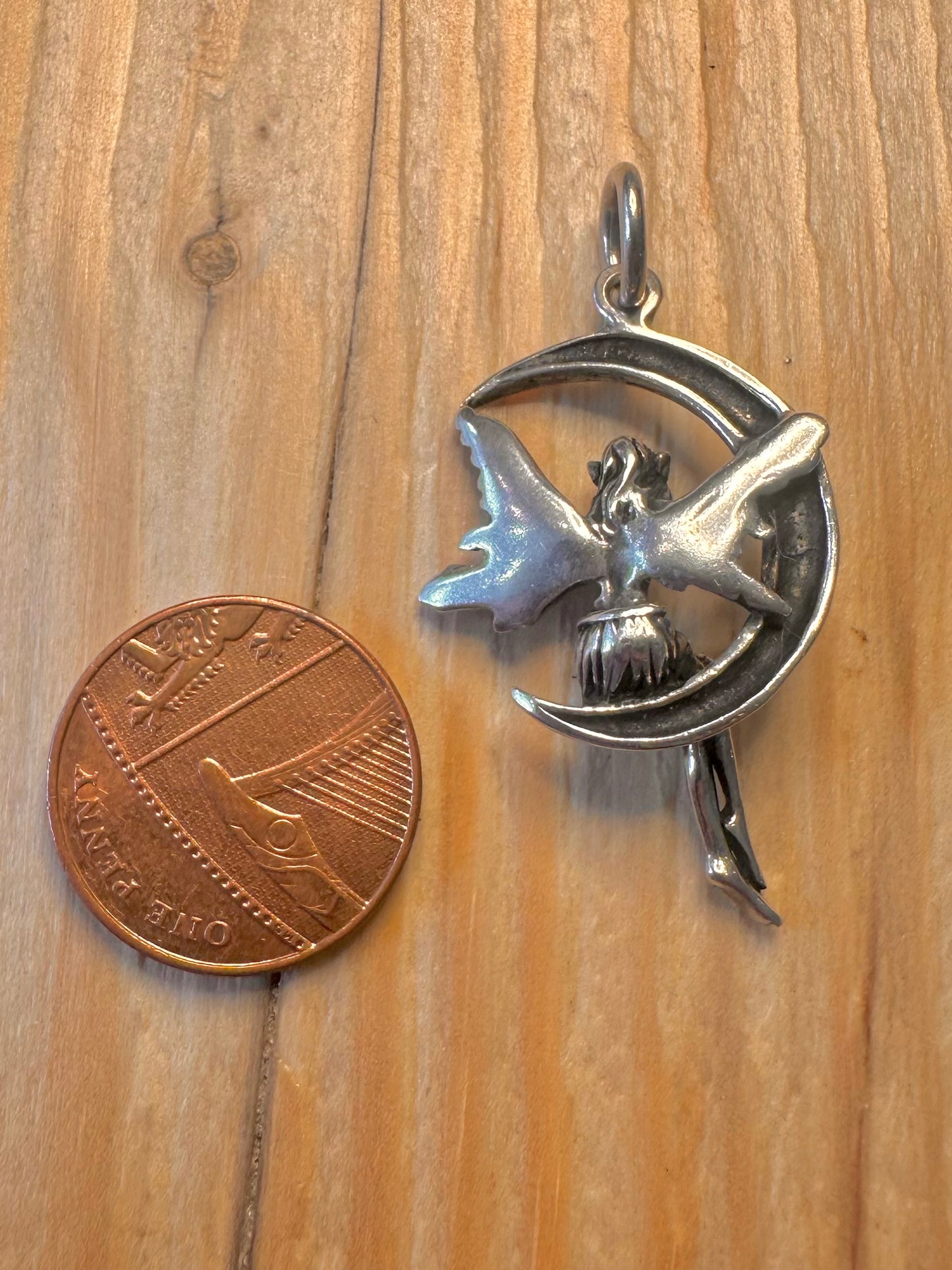 Vintage Fairy Sat on the Moon 925 Silver Pendant
