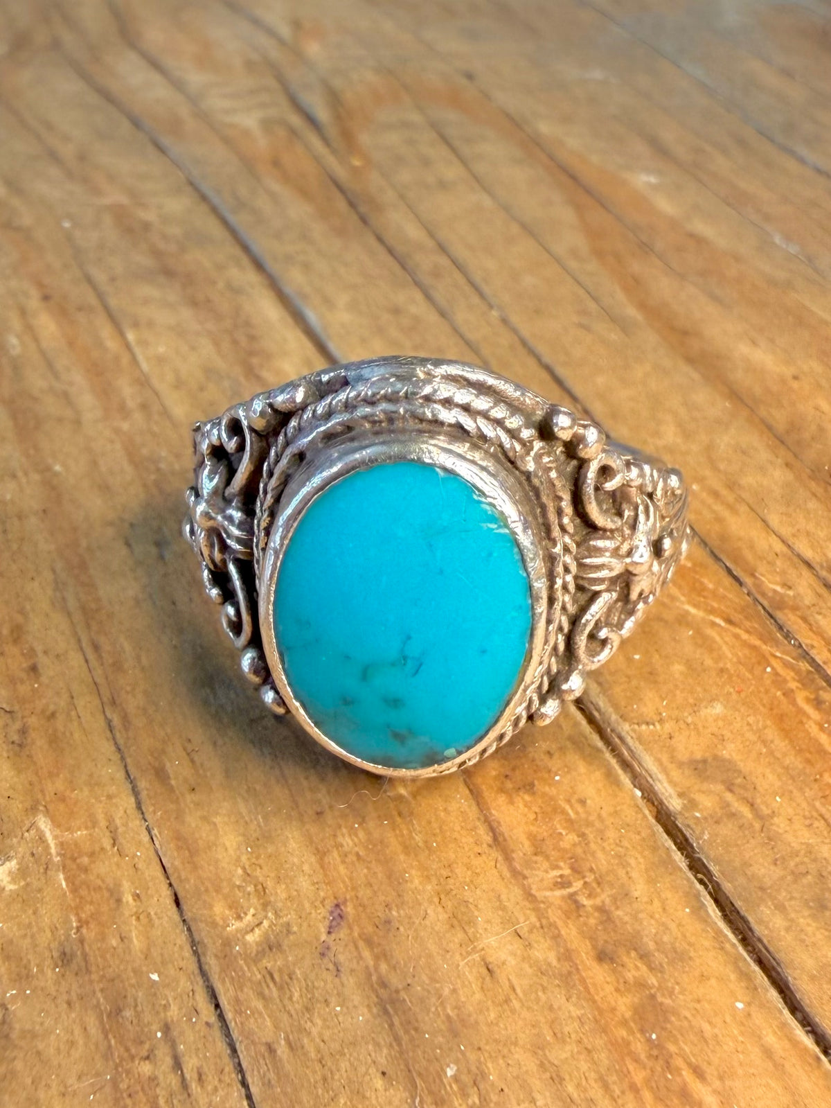 Turquoise Signet Ornate Design 925 Sterling Silver Size V Ring