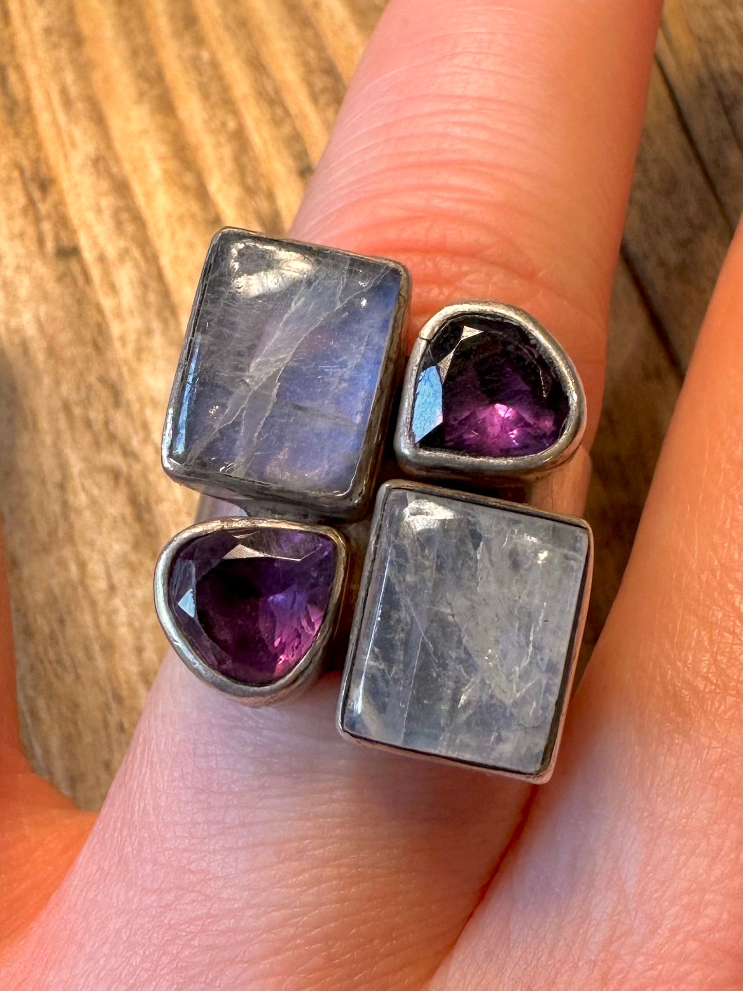 Chunky Moonstone and Amethyst 925 Sterling Silver Size P Ring