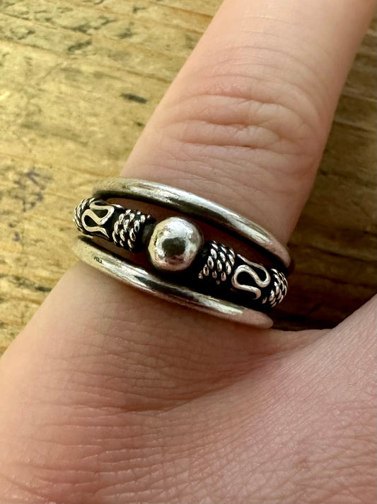 Vintage Three Layer Tribal 925 Silver Size M Ring