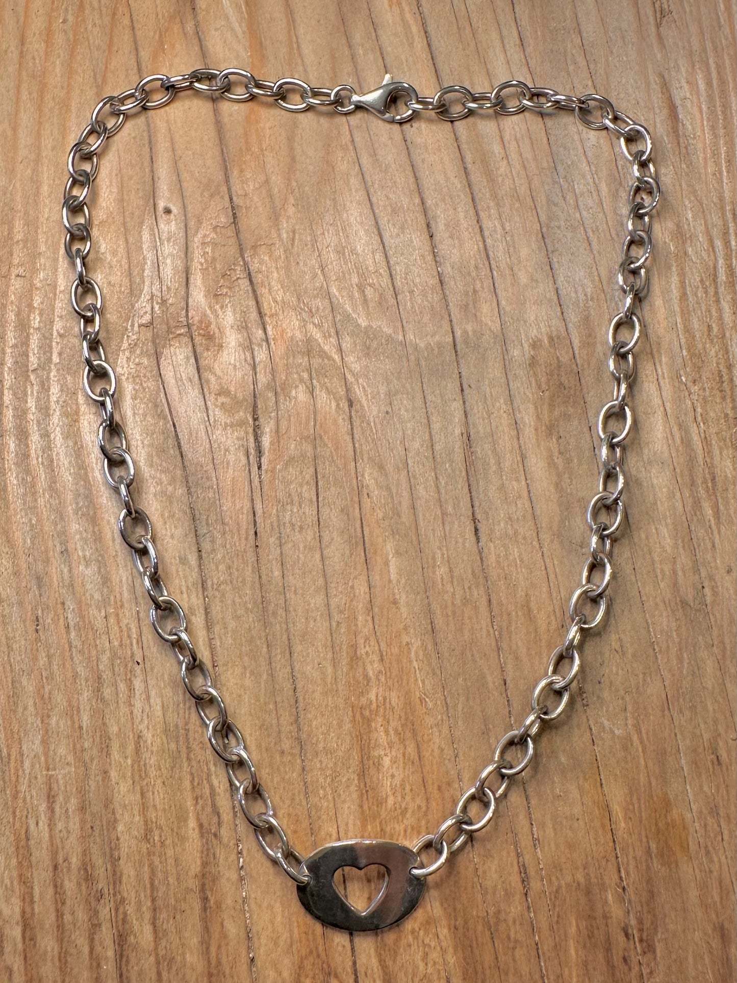 Modernist Heart Tag Oval Link Chain 925 Sterling Silver 16 inch Necklace