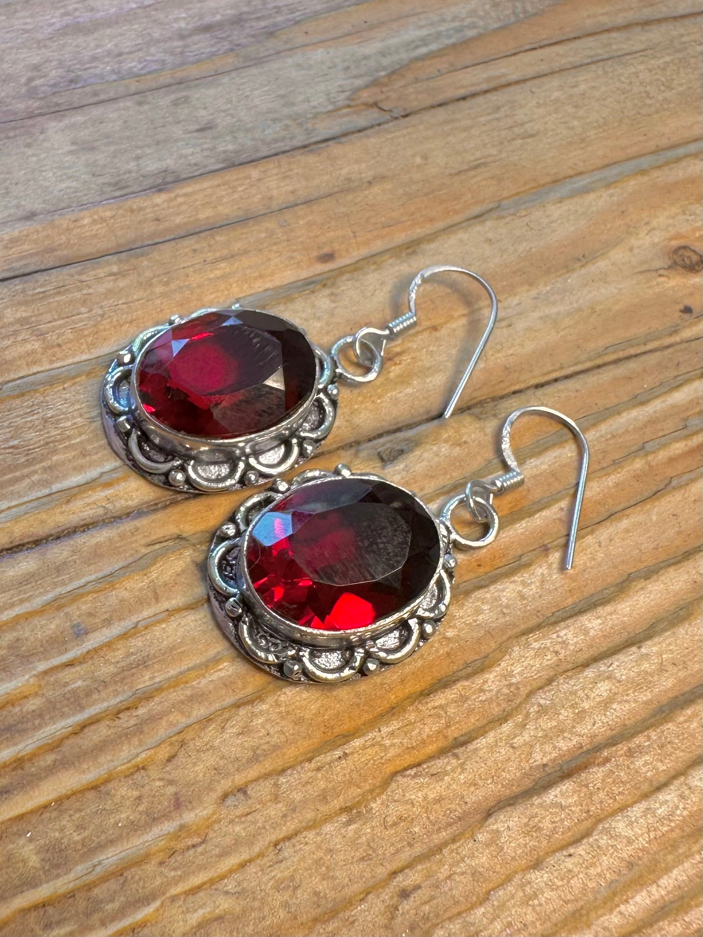 Large Faceted Red Stone Filigree Border 925 Sterling Silver Earrings