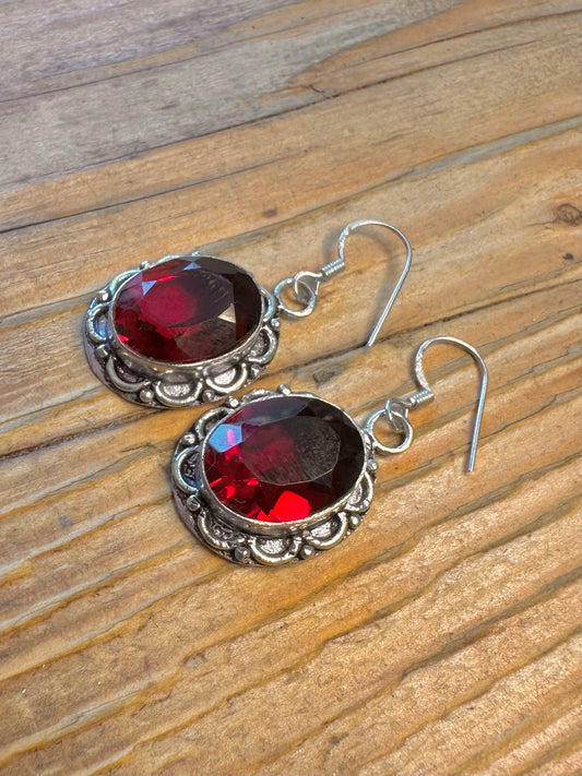 Large Faceted Red Stone Filigree Border 925 Sterling Silver Earrings