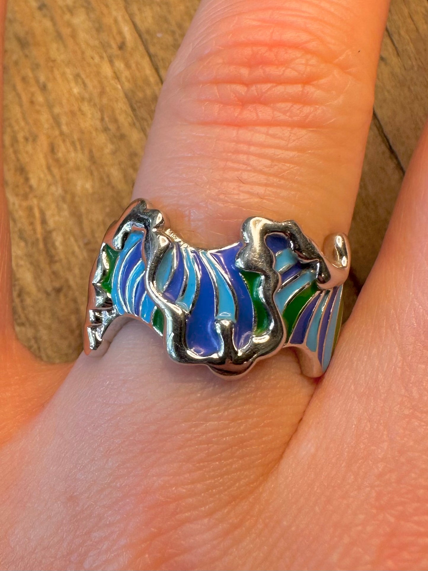 Isabelle Liu Wavy Blue and Green Enamel 925 Sterling Silver Size Q 1/2 Ring