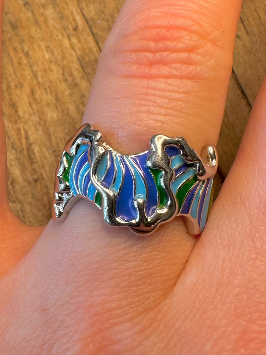 Isabelle Liu Wavy Blue and Green Enamel 925 Sterling Silver Size Q 1/2 Ring
