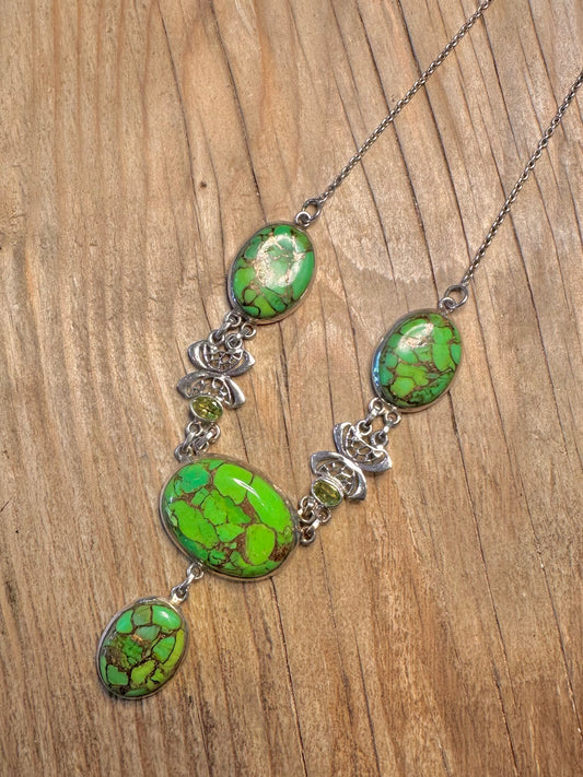 Vintage Green Turquoise and Peridot 925 Sterling Silver 18 inch Necklace