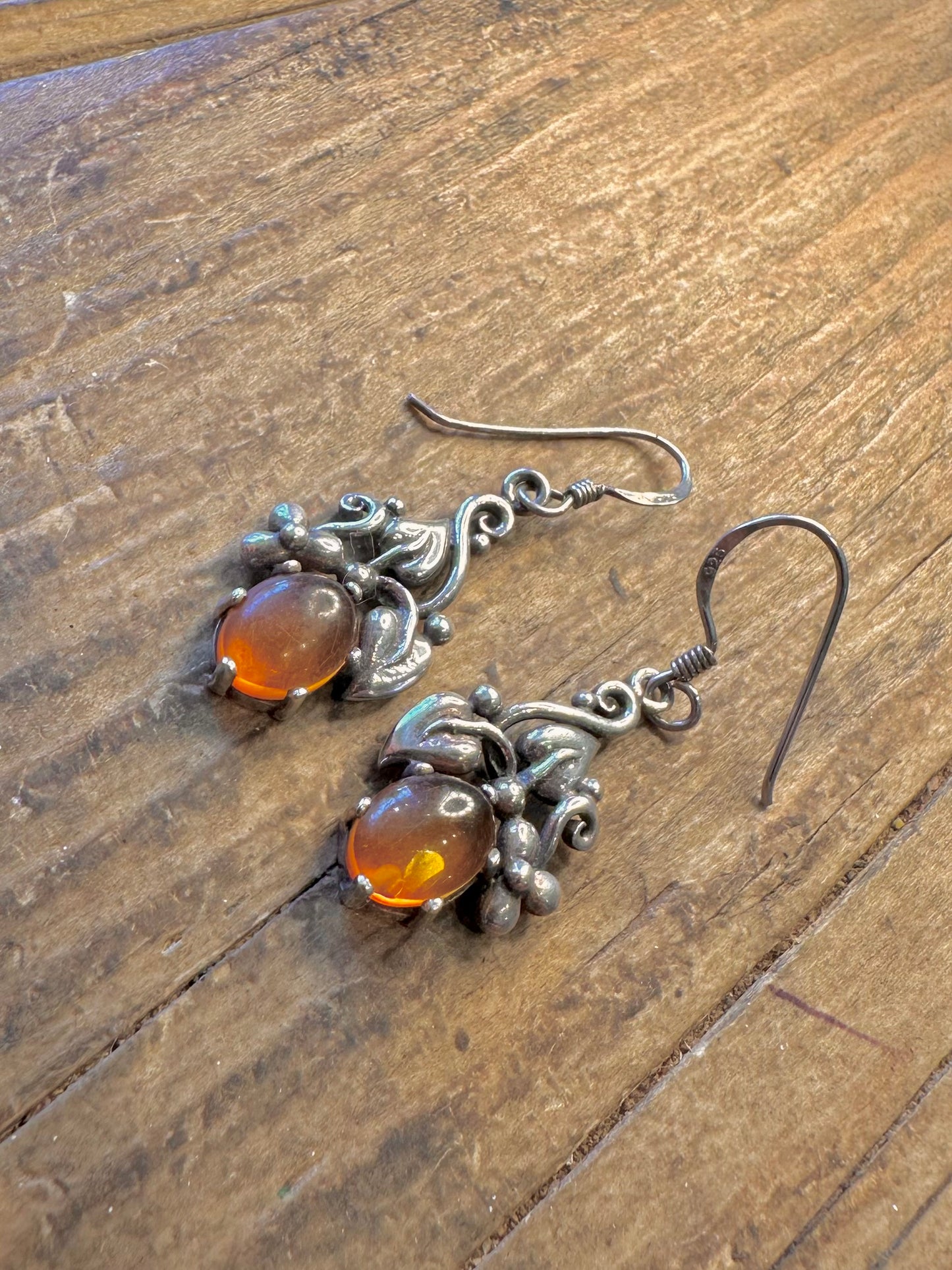 Art Deco Style Amber Leaf Design 925 Sterling Silver Earrings
