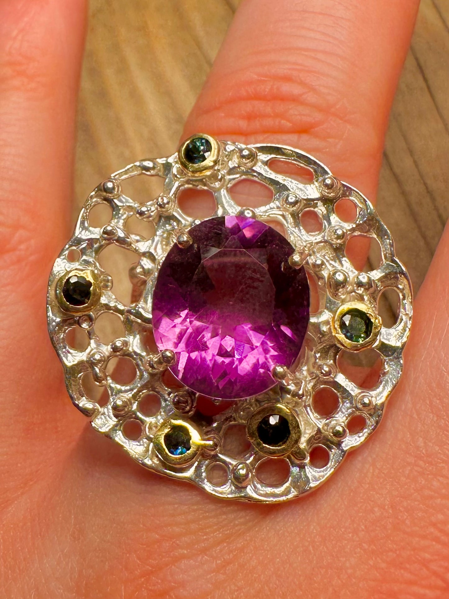 Modernist Abstract Purple Amethyst and Dark Blue Stone 925 Sterling Silver Size O Ring