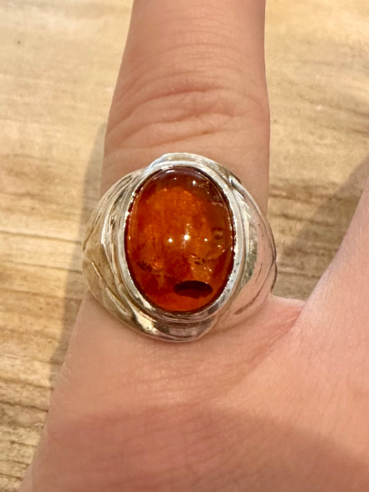 Vintage Amber Cabochon 925 Silver Hallmarked Size M Ring