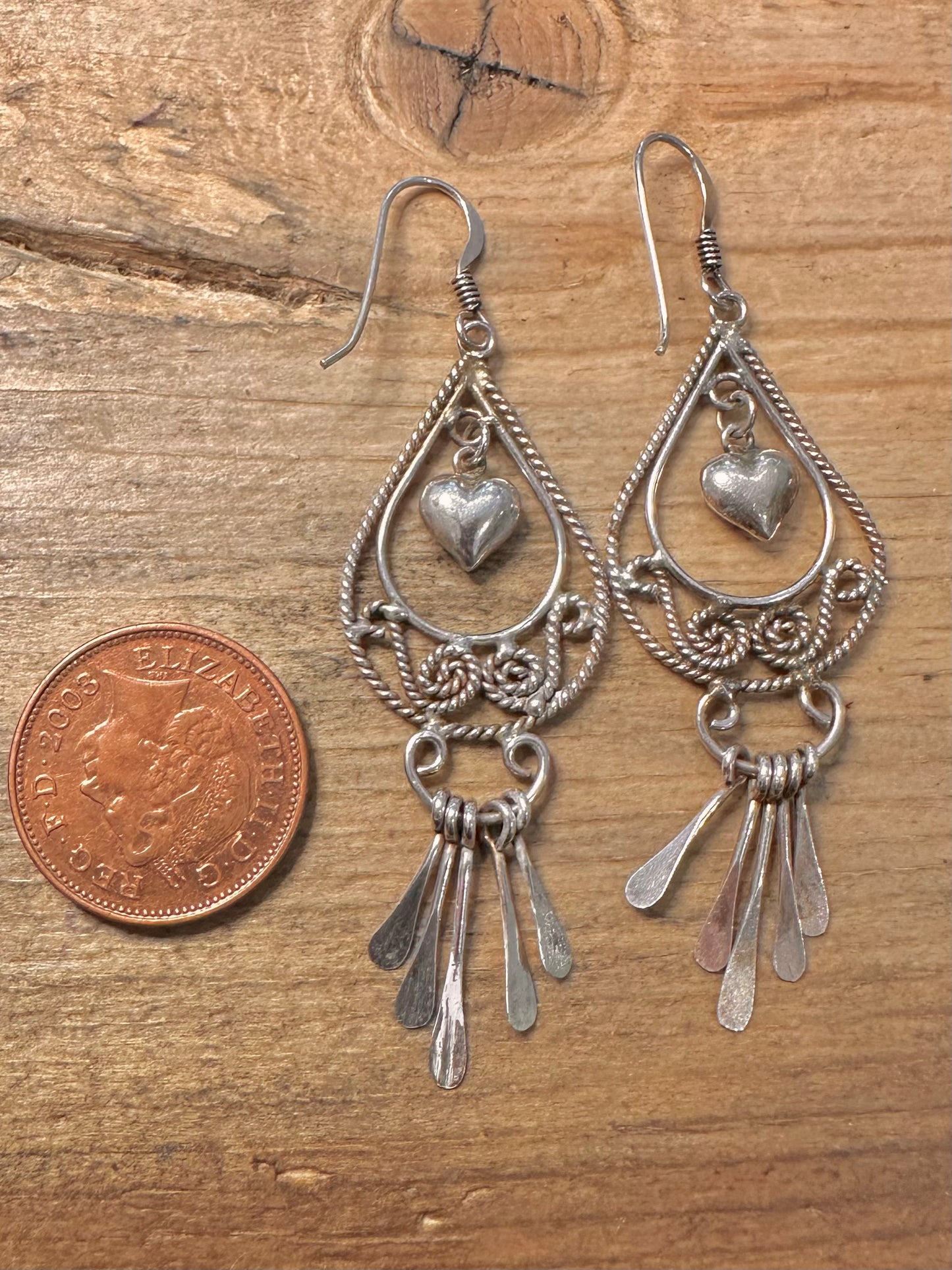 Vintage Filigree Heart Dangle 925 Silver Earrings