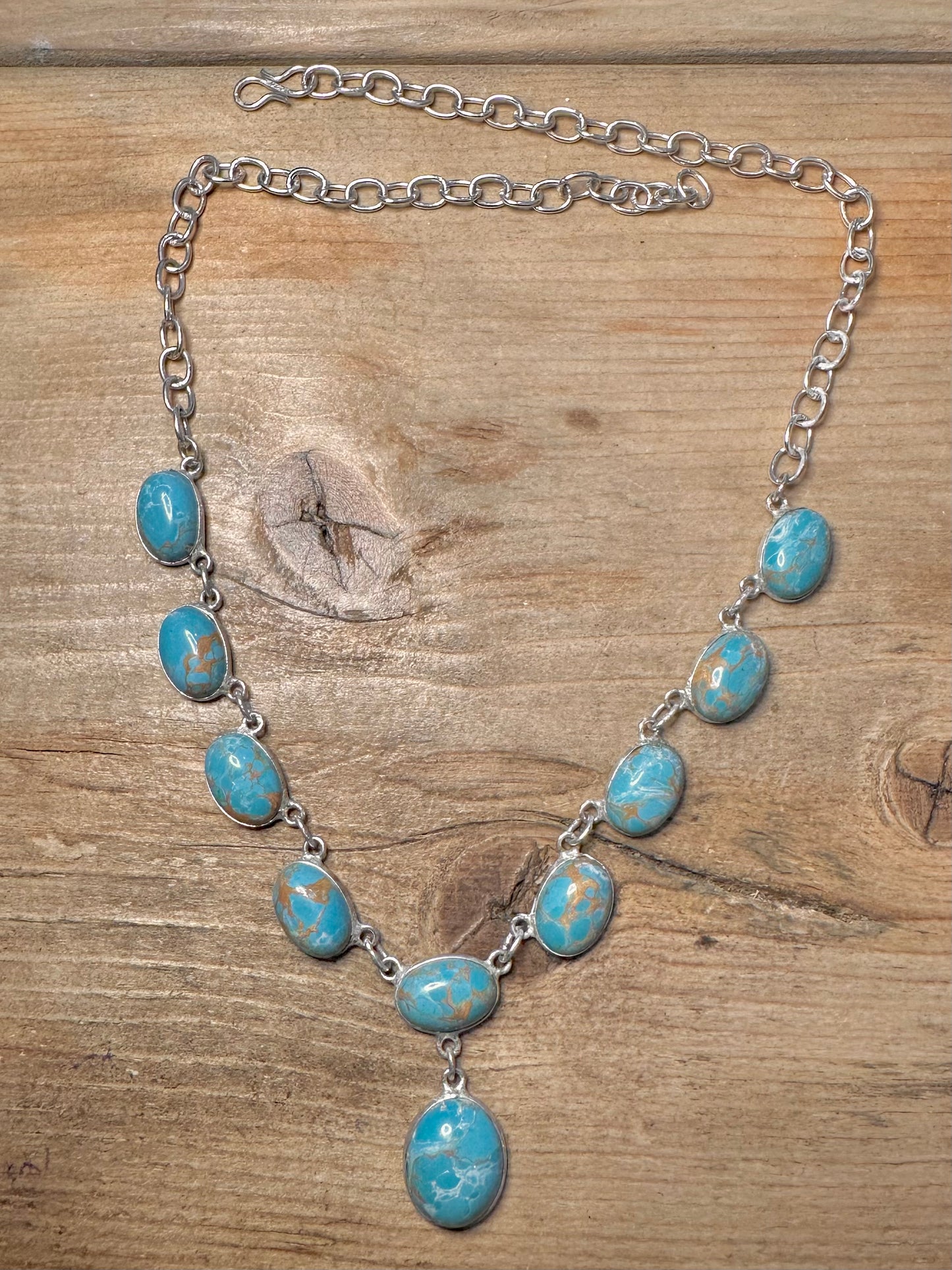 Modern Turquoise Oval Chain Hook Clasp 925 Silver 18.5 inch Necklace