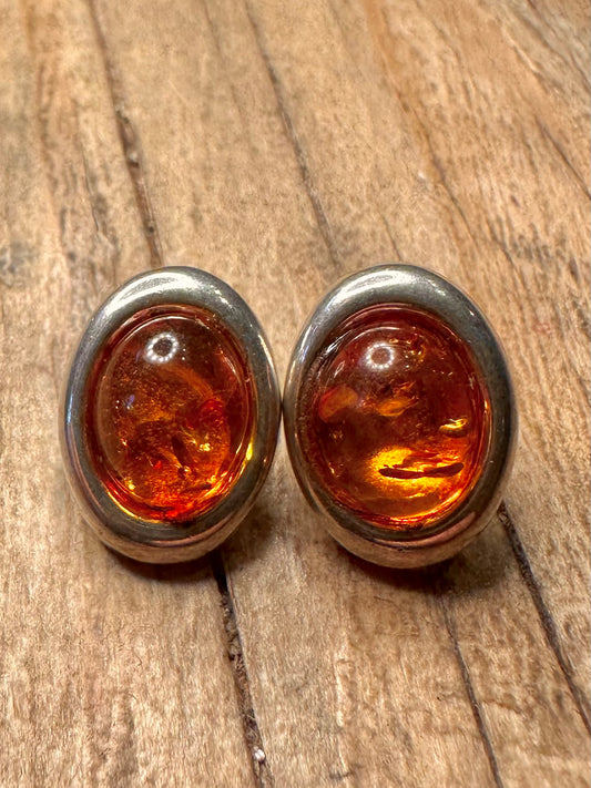 Vintage Amber Oval Stud 925 Sterling Silver Earrings