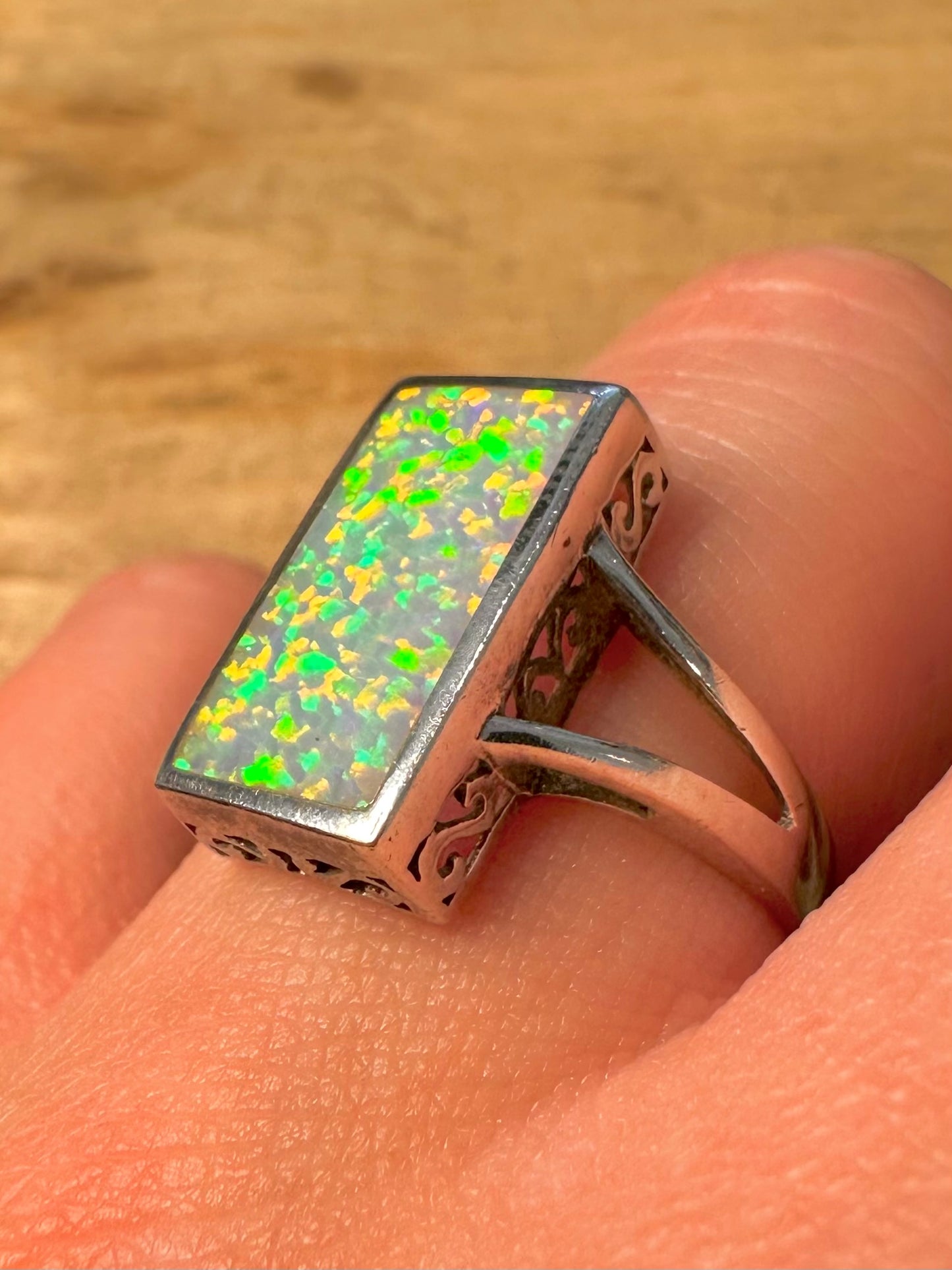 Modernist Opal Rectangle 925 Silver Size Q Ring