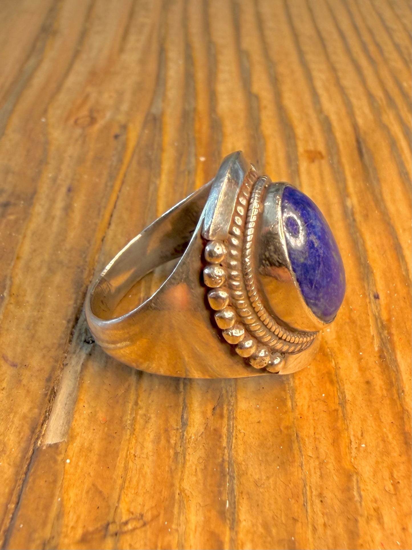 Lapis Lazuli Beaded Trim 925 Sterling Silver Size O Ring