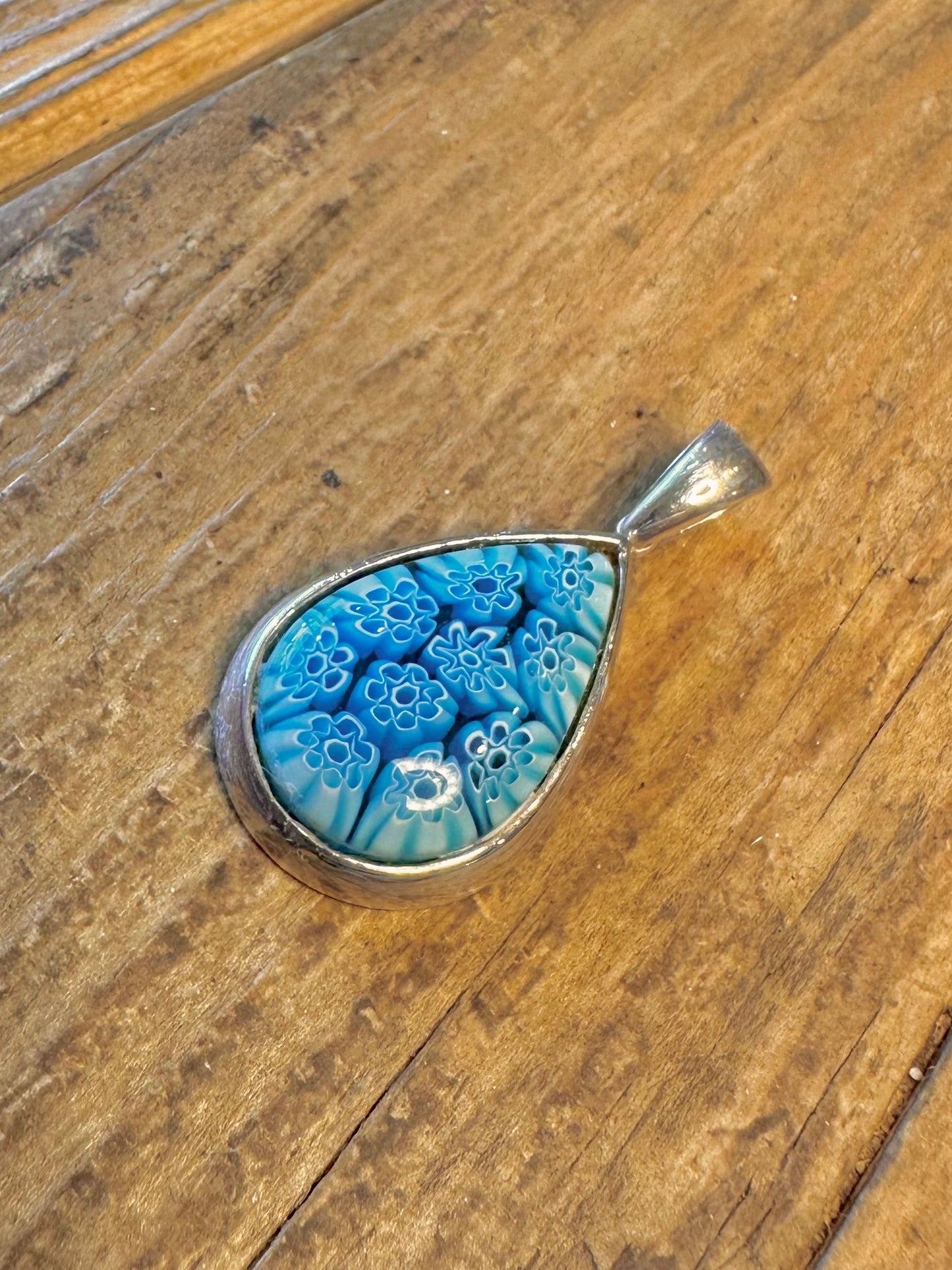 Blue Millefiori Tear Drop 925 Sterling Silver Pendant