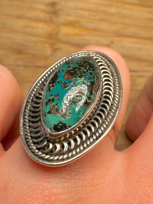 Vintage Turquoise Rope Border Design 925 Sterling Silver Size P1/2 Ring