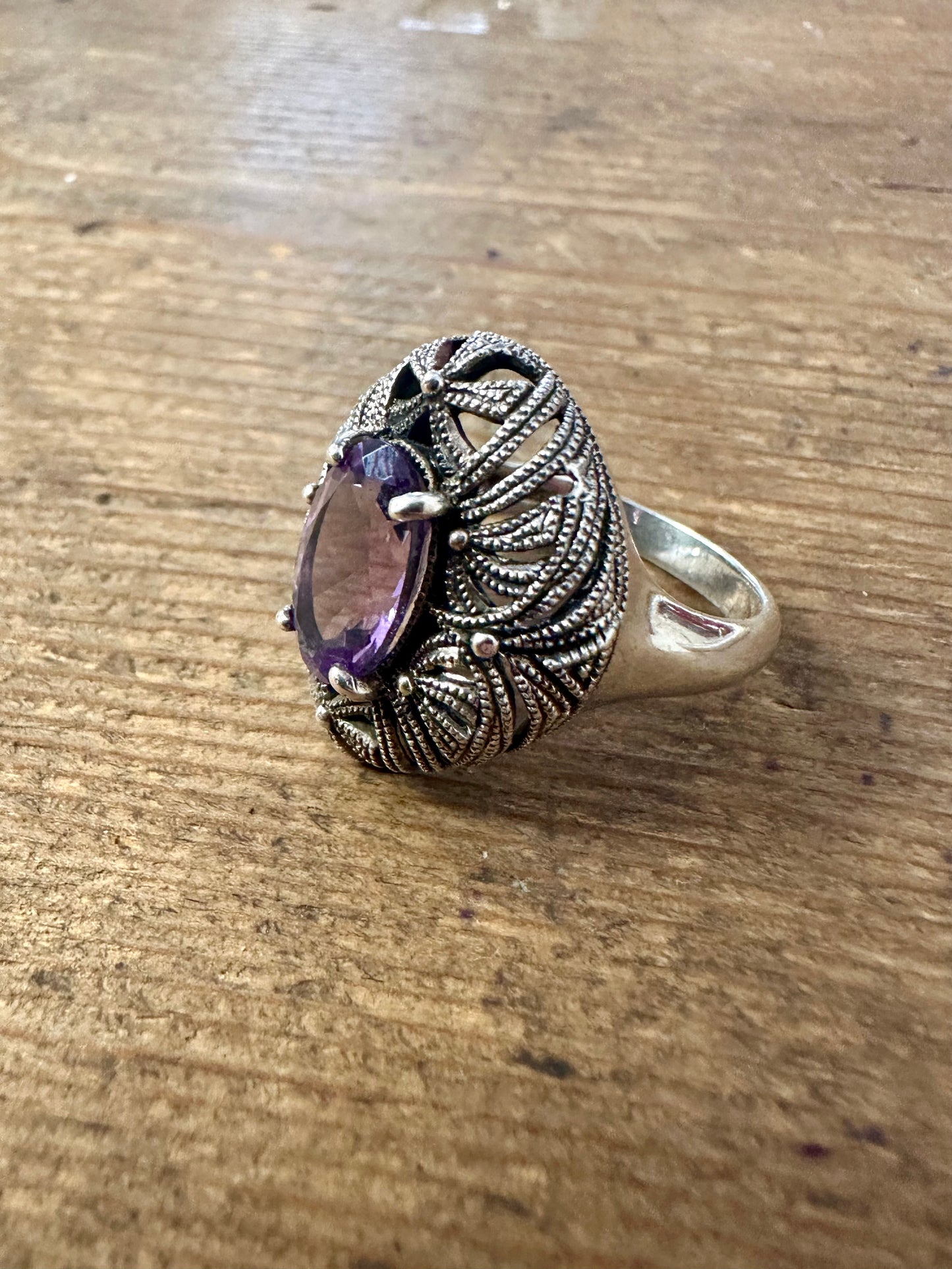 Vintage Amethyst Ornate 925 Silver Size Q Ring