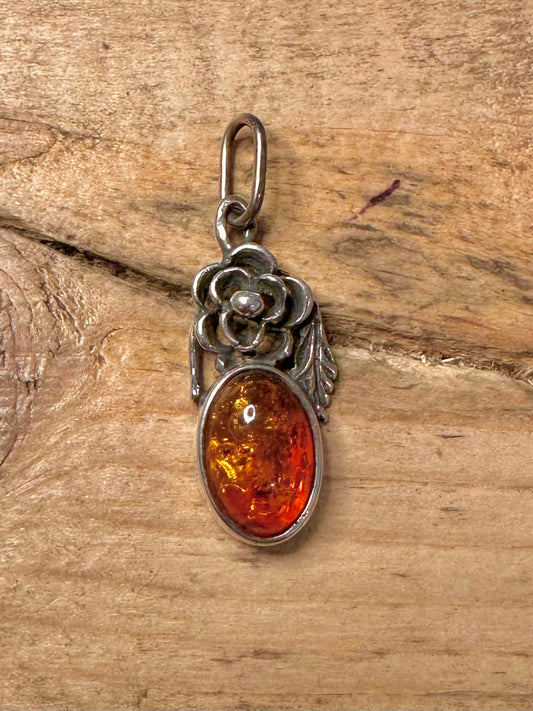 Vintage Amber Flower 925 Silver Pendant