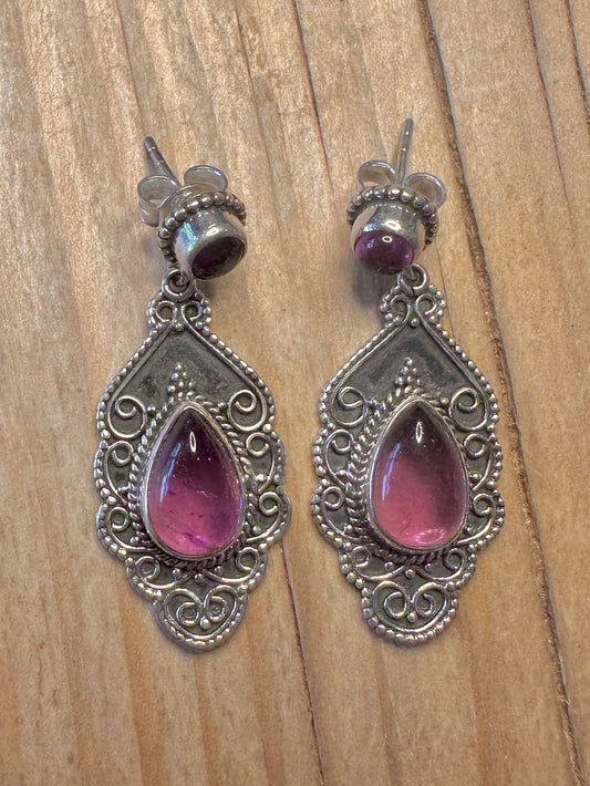 Vintage Amethyst Boho Dangle 925 Sterling Silver Earrings