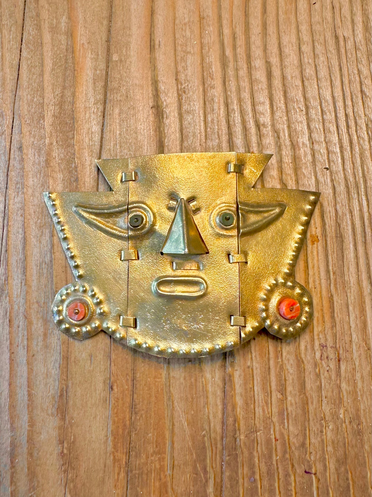 Peruvian Handmade Hinge Movement Sicán Lambeyeque Mask Coral Gold Toned 925 Sterling Silver Pendant And Brooch