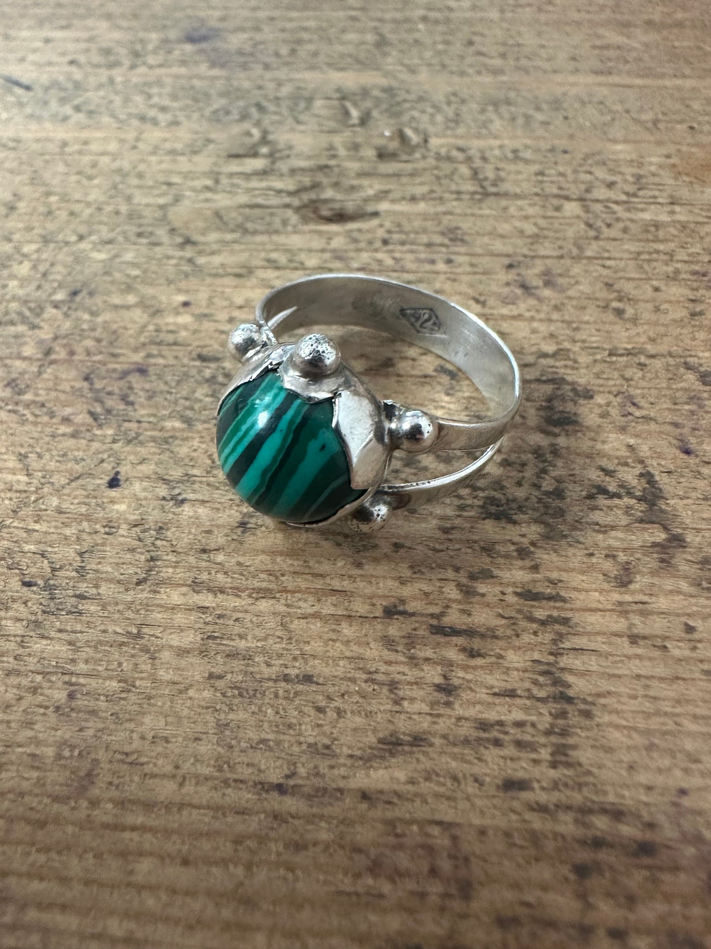 Vintage Malachite Boho 925 Silver Size N Ring