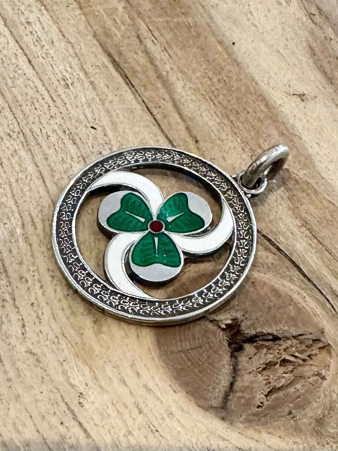 Vintage 1956 Irish Enamel Clover 925 Silver Pendant