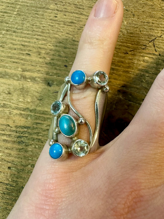 Abstract Blue Stones and Blue Topaz 925 Silver Size M Ring