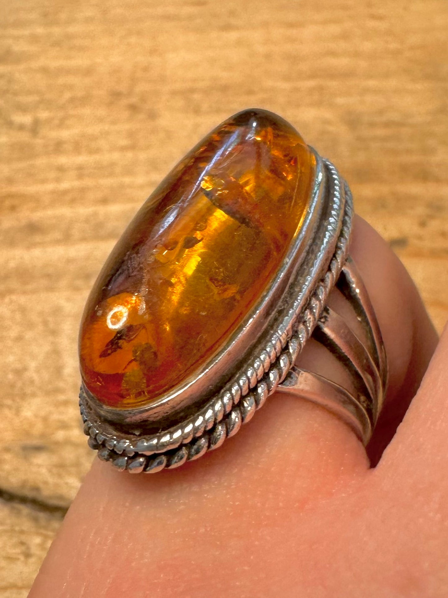 Vintage Large Amber Oval 925 Silver Size K1/2 Ring