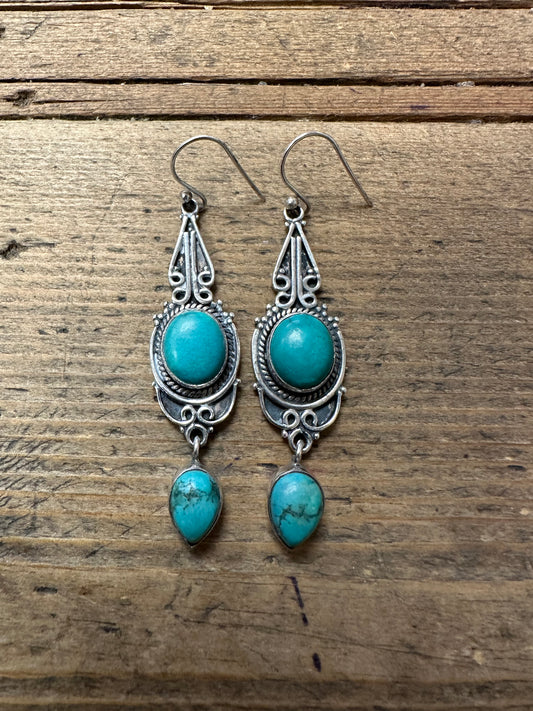 Vintage Turquoise Ornate Boho 925 Silver Dangle Earrings