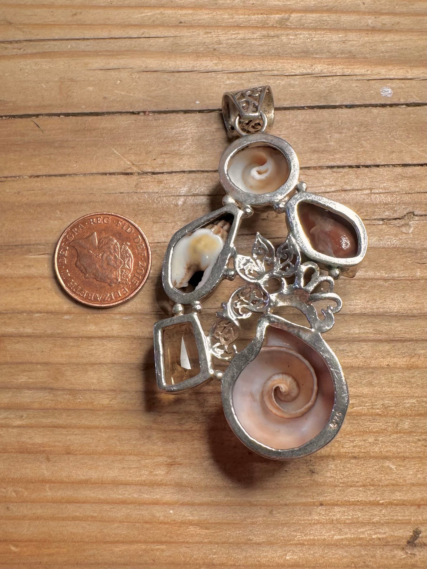 Vintage Multi Shell and Citrine 925 Sterling Silver Pendant