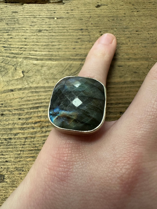 Modernist Labradorite Faceted Hallmarked 925 Silver Size i Ring