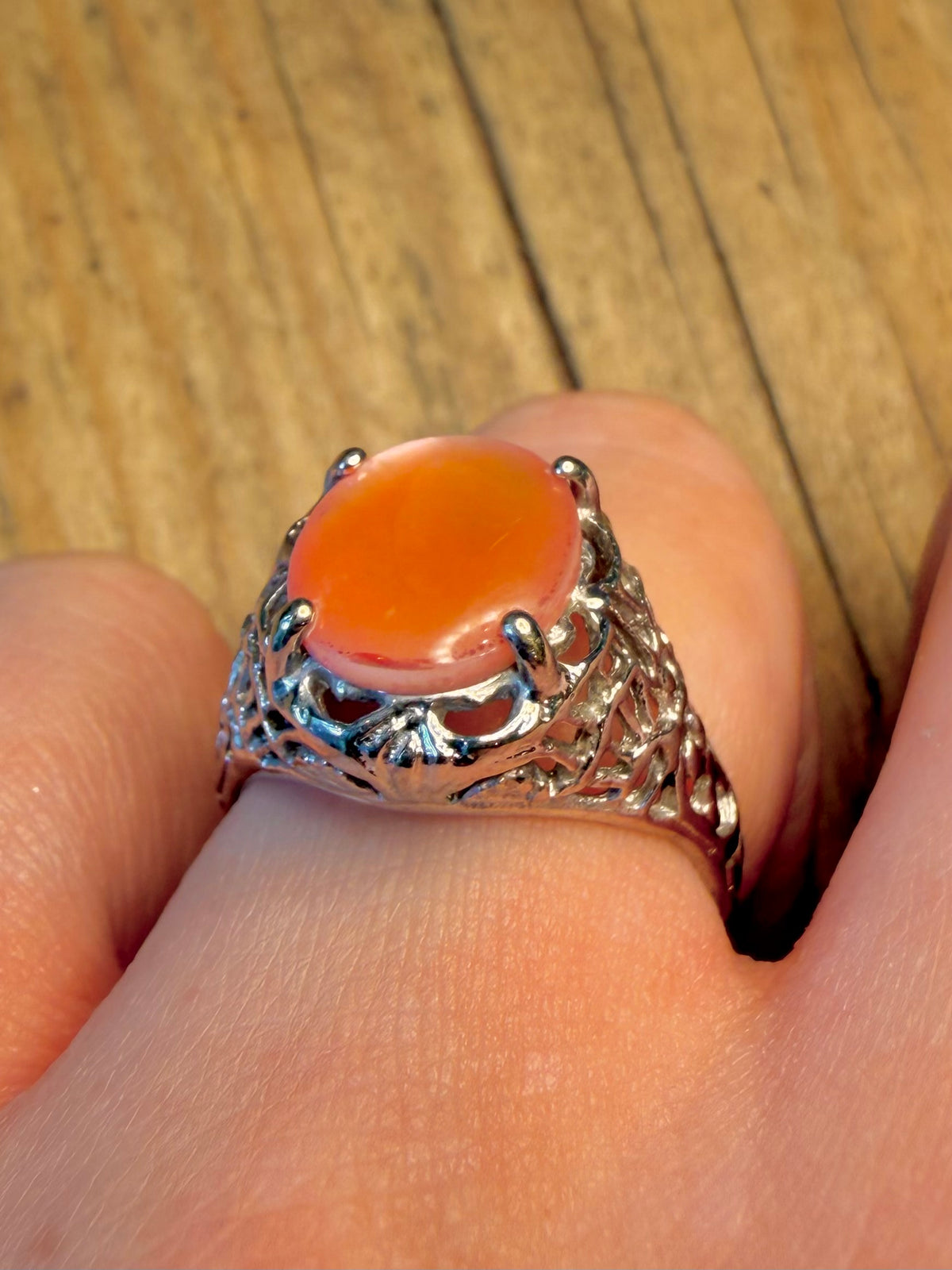 Peach Mother of Pearl Filigree 925 Sterling Silver Size Q Ring