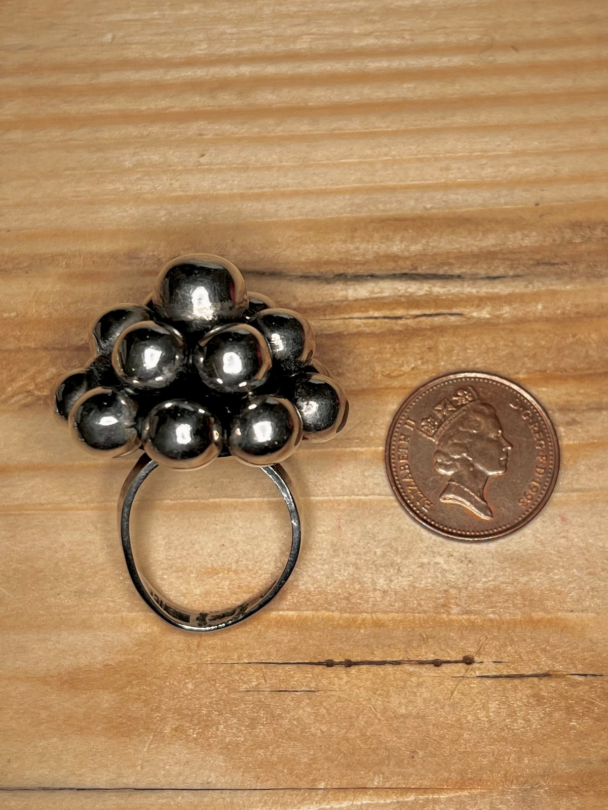 Large Bobble Cluster 925 Mexico Sterling Silver Adjustable Ring