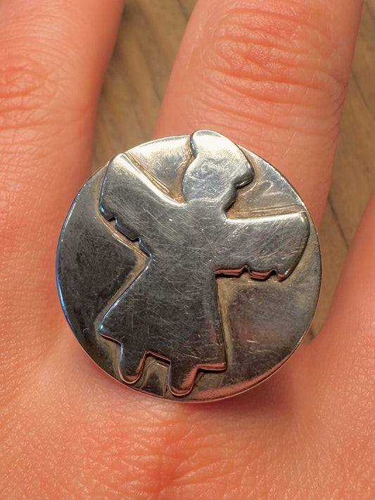 Vintage Angel Aztec Calendar 925 Sterling Silver Size X Ring
