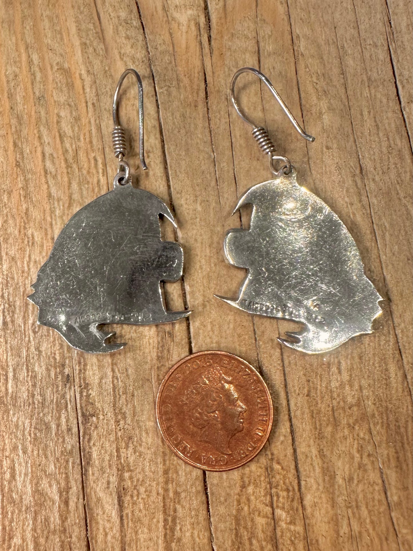 Vintage Winkelfisch Türkis- und Malachit-Einlegearbeiten Mexiko Taxco 925 Silber Ohrringe