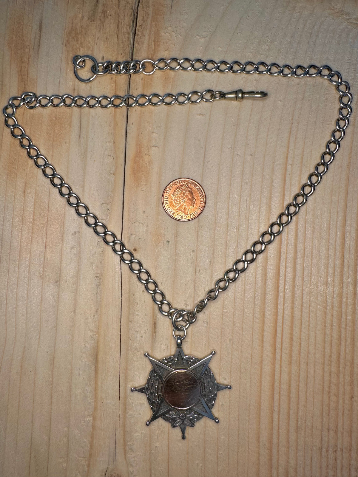 Star & Laurel Fob Medal 1967 Maker WJD Hallmarked 925 Sterling Silver 20.25 inch Pendant Necklace
