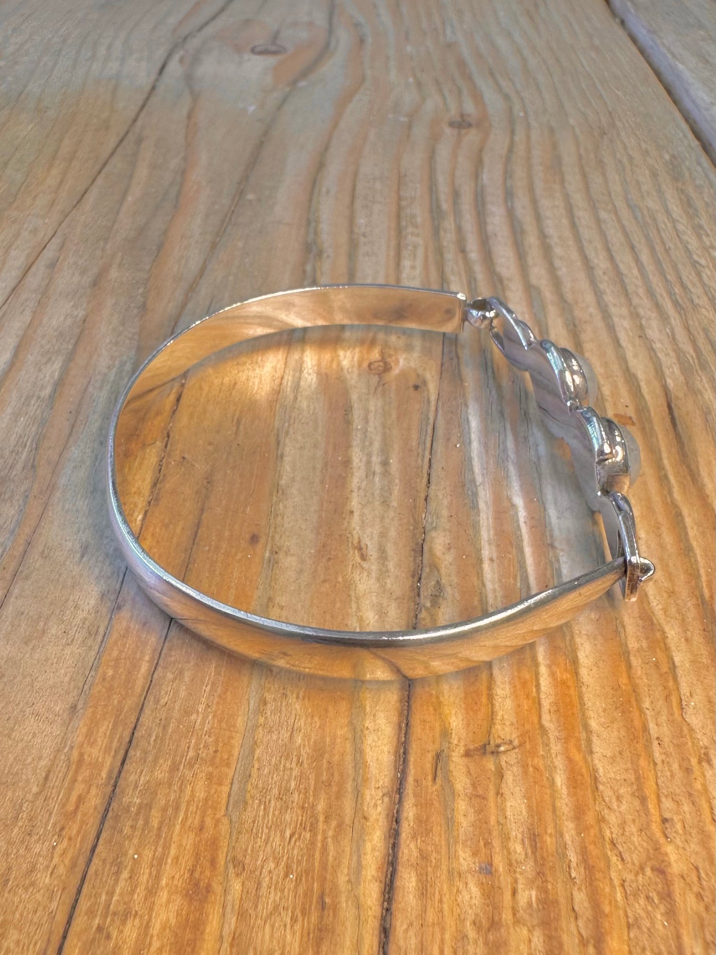 Two Moonstone Swirl Front Clasp 925 Sterling Silver Bangle