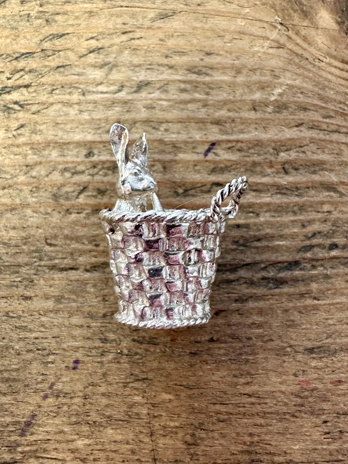 Vintage Bunny in a Basket Silver Charm Pendant