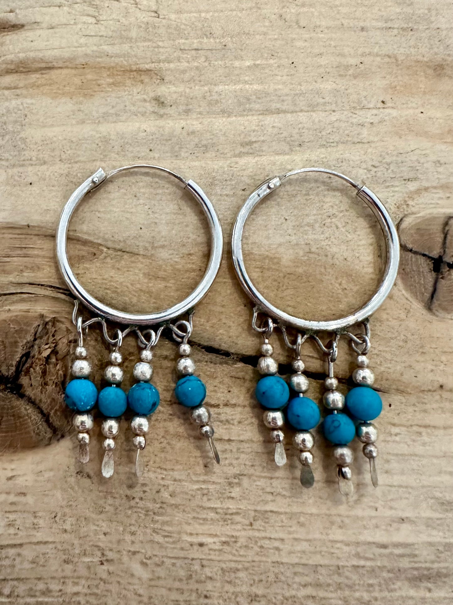 Vintage Dangle Turquoise Hoop 925 Silver Earrings