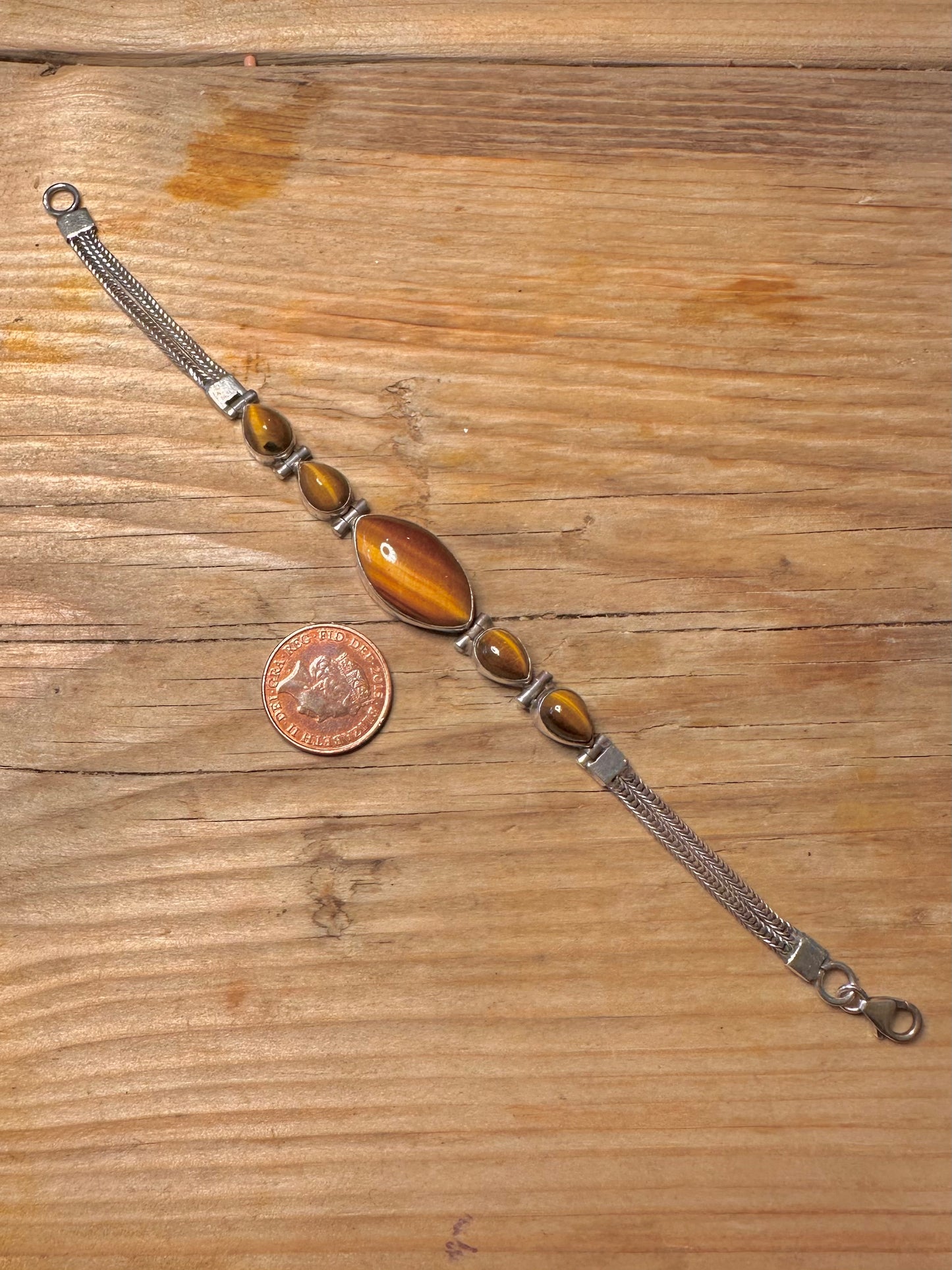 Vintage Tigerauge doppelt geflochtenes 925er Sterlingsilber 18,8 cm Armband
