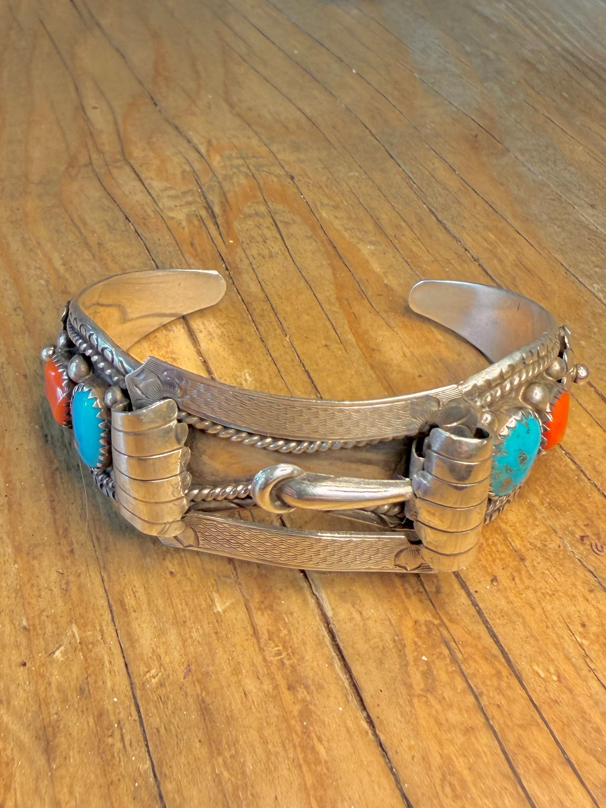 Native American Navajo Turquoise and Coral Watch Cuff Buckle Maker RB 925 Sterling Silver Bangle