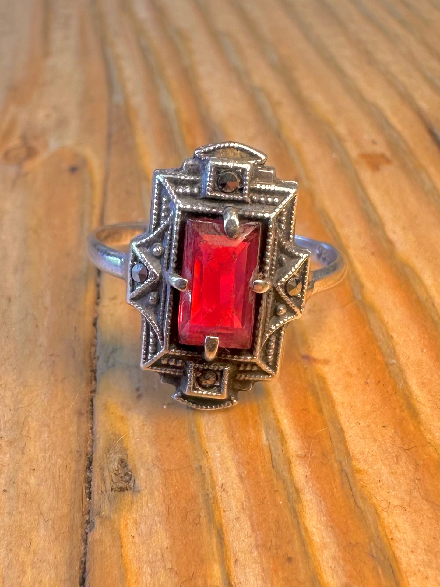 Art Deco Red Stone and Marcasite 935 Silver Size M Ring
